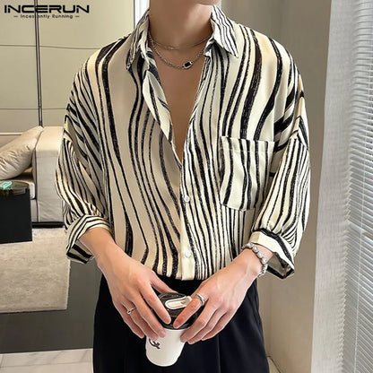 INCERUN Tops 2024 Korean Style Handsome Men Fashion Irregular Stripe Shirts Casual Streetwear Seven Quarter Sleeved Blouse S-5XL