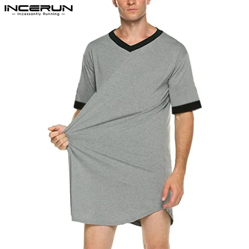 INCERUN New Men's Nightgown Fashion Patchwork Sleep Robe Solid Sleepwear Short Sleeve Bathrobe Loose V Neck Homewear S-5XL 2022