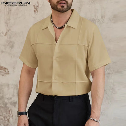 Casual Simple Style Tops INCERUN New Men's Summer Solid Simple Design Shirt Streetwear Male All-match Short Sleeved Blouse S-5XL