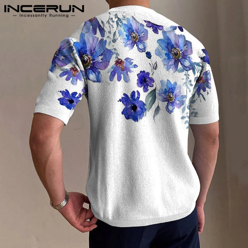 INCERUN Tops 2023 Style coréen Nouveaux hommes Mode Plante Impression T-shirts Décontracté Streetwear Homme Col rond Manches courtes Camiseta