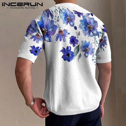 INCERUN Tops 2023 Korean Style New Men's Fashion Plant Printing T-shirts Casual Streetwear Male Round Neck Short Sleeve Camiseta