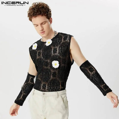 Fashion Casual Style Tops INCERUN New Men Lace See-through Spliced Flower Vests Sexy Well Fitting Cropped O-neck Tank Tops S-5XL