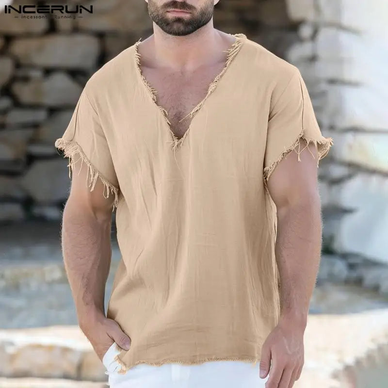 INCERUN Tops 2024 American Style Men's Simple V-neck Design T-shirts Summer Casual Streetwear Solid Short Sleeved Camiseta S-5XL