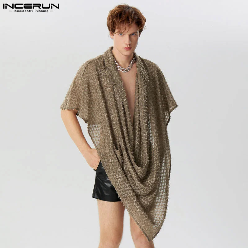 INCERUN Tops 2024 American Style Handsome New Mens Tassel Jacquard Design T-shirts Stylish Hot Selling Swing Neck Camiseta S-5XL