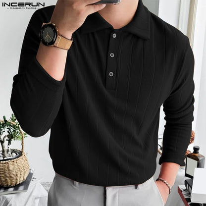 Stylish Well Fitting Tops INCERUN New Men's Knitting Solid All-match Blouse Casual Hot Sale Male Long Sleeve Lapel Shirts S-5XL