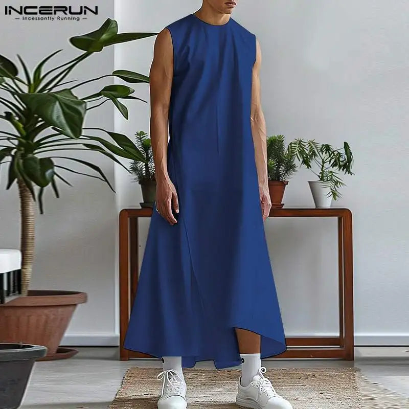 INCERUN 2024 Été Musulman Robe Nouveau Hommes Jubba Thobe Simple Ourlet Irrégulier Longue Sans Manches Élégant Isiamic Arabe Solide Robe S-5XL