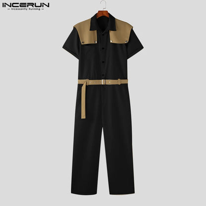 INCERUN 2024 Korean Style New Men's Shawl Layered Jumpsuits Casual Streetwear Patchwork Straight Tube Long Sleeved Rompers S-5XL