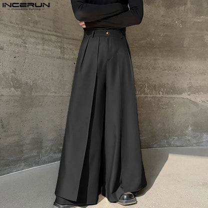 INCERUN 2024 Korean Style Trousers New Men's Fake Two piece Wide Leg Pants Leisure Loose Solid Comfortable Skirt Pantalons S-5XL