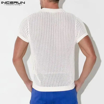 Fashion Casual Style Tops INCERUN 2024 New Men Perspective Mesh Shirts Male Summer Clubwear Lapel Short Sleeved Shirt S-5XL 2024