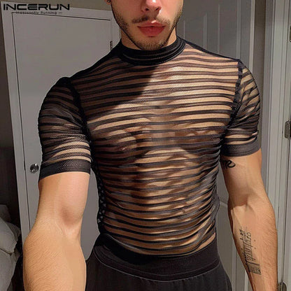 INCERUN Summer Short Sleeve Men T-Shirts Round Neck Short Sleeve Mesh Striped T Shirts Chemise Oversize Men Clothing S-5XL