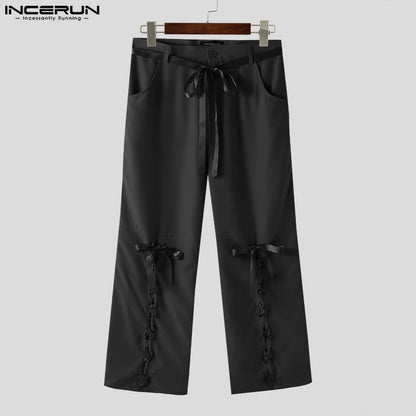 INCERUN 2024 Pantalon de style américain pour hommes, pantalon de conception de cravate de ruban de nœud de personnalité, pantalon décontracté de streetwear à jambe droite S-5XL