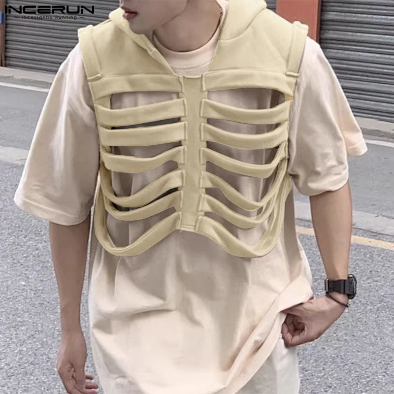 INCERUN Tops 2024 Korean Style New Men's Funny Bone Deconstruction Design Vests Leisure Streetwear Solid Hooded Waistcoat S-5XL