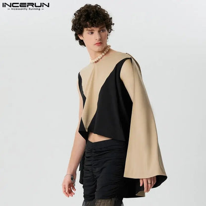 INCERUN Summer T-shirts Men's Clothing Fashion Sleeveless Cloak Patchwork Cape Clubwear Tops Tee V Neck Blouses T Shirt Oversize