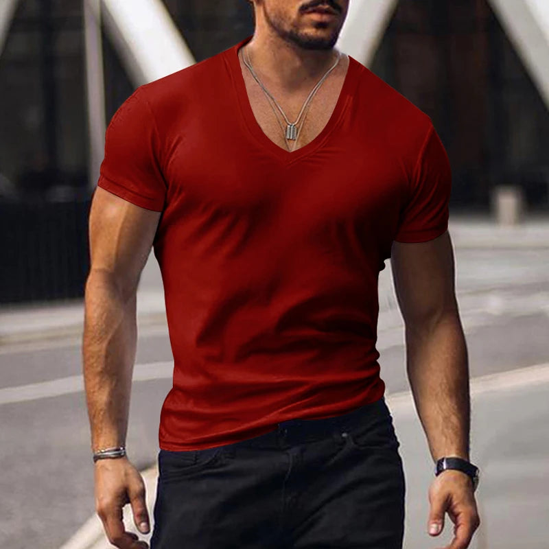 2023 men's T-shirt cross-border clothing European and American foreign trade men's V-neck solid color casual short sleeved T-shi