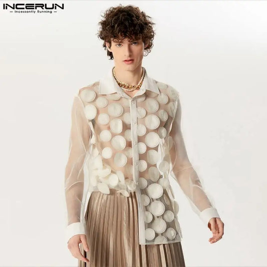 INCERUN Tops 2024 American Style Men's Personalized Petal Mesh Design Shirts Fashion Party Shows Thin Long Sleeved Shirts S-5XL