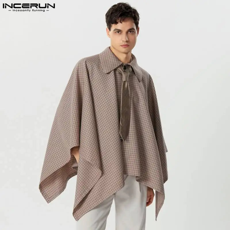 Hauts de style décontracté à la mode INCERUN Beaux hommes Silhouette à carreaux Patte inclinée Trench Streetwear Homme Cape à revers ample Taille unique