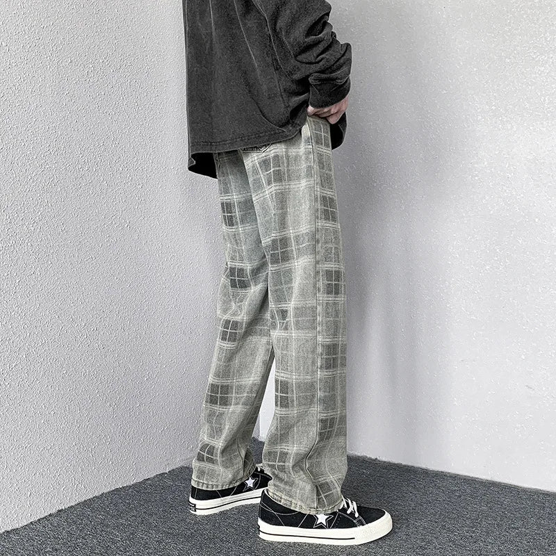 HOUZHOU Plaid Jeans Denim Pants Men Korean Wide Leg Checked Trousers Male Distressed Streetwear Bottoms Harajuku Vintage