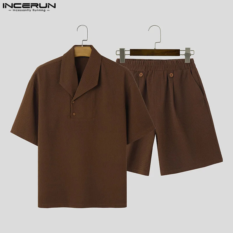 INCERUN 2024 Korean Style Sets Stylish Men Lapel Neck Short Sleeved Tops Split Long Pants Leisure Streetwear Suit 2 Pieces S-5XL