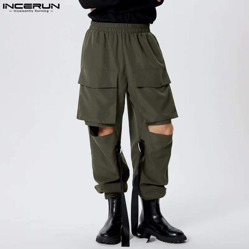 INCERUN 2024 American Style Pantalons Stylish Men's Patch Pocket Solid Cargo Pants Leisure Ribbon Splicing Hollow Trousers S-5XL