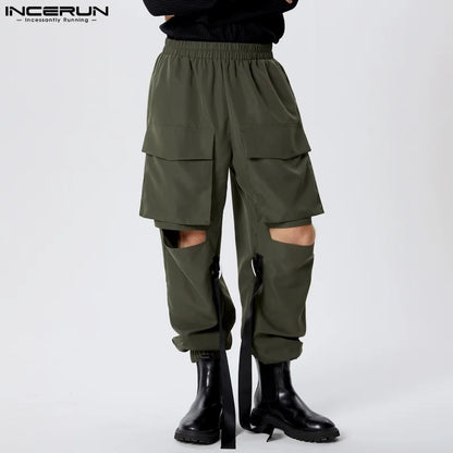 INCERUN 2024 Pantalons de style américain Pantalons cargo solides à poches plaquées pour hommes élégants Pantalons creux à épissure de ruban de loisirs S-5XL