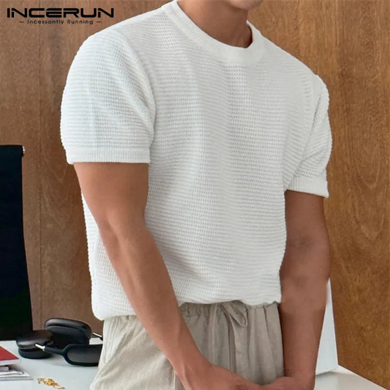 INCERUN Tops 2023 Koreanische Stil Männer Gestrickte Design T-shirts Casual Streetwear Männlichen Solide Bequeme Kurzarm Camiseta S-5XL