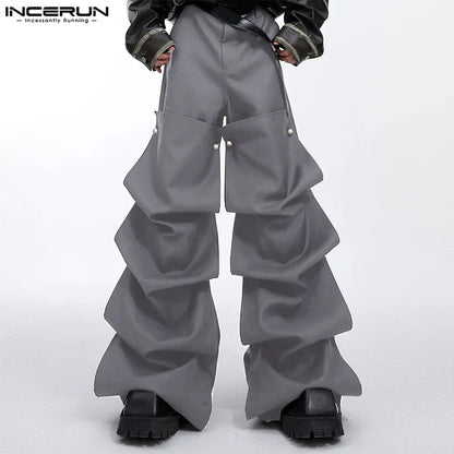 INCERUN 2024 Korean Style Men's Stylish Trousers Casual Clothing Solid Layered Design Pantalons Male Streetwear Long Pants S-5XL