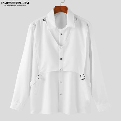 INCERUN Tops 2024 Koreanischen Stil Männer Doppel-schicht Strukturelle Metall Design Shirts Freizeit Patchwork Solide Langarm Bluse S-5XL