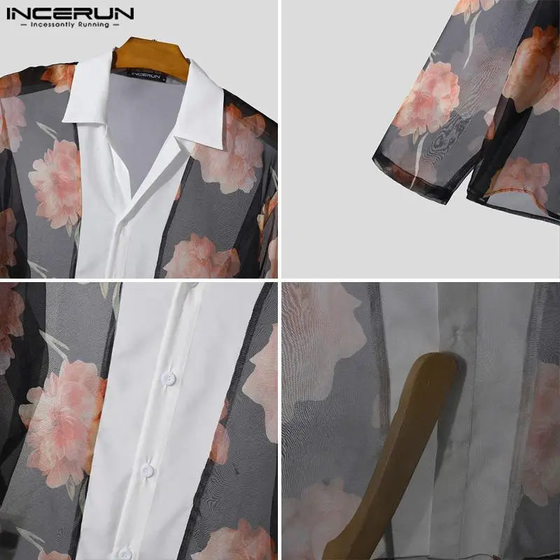 INCERUN Tops 2024 Handsome Men's Patchwork See-through Rose Shirts Spring Summer Personality Male Thin Long Sleeved Blouse S-5XL