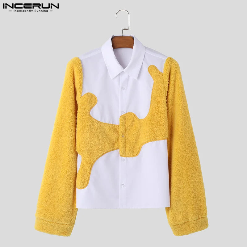 Mode gut sitzende Tops INCERUN hübscher Herren Persönlichkeit Wildleder Patchwork unregelmäßige Hemden männliche Langarm Bluse S-5XL 2024