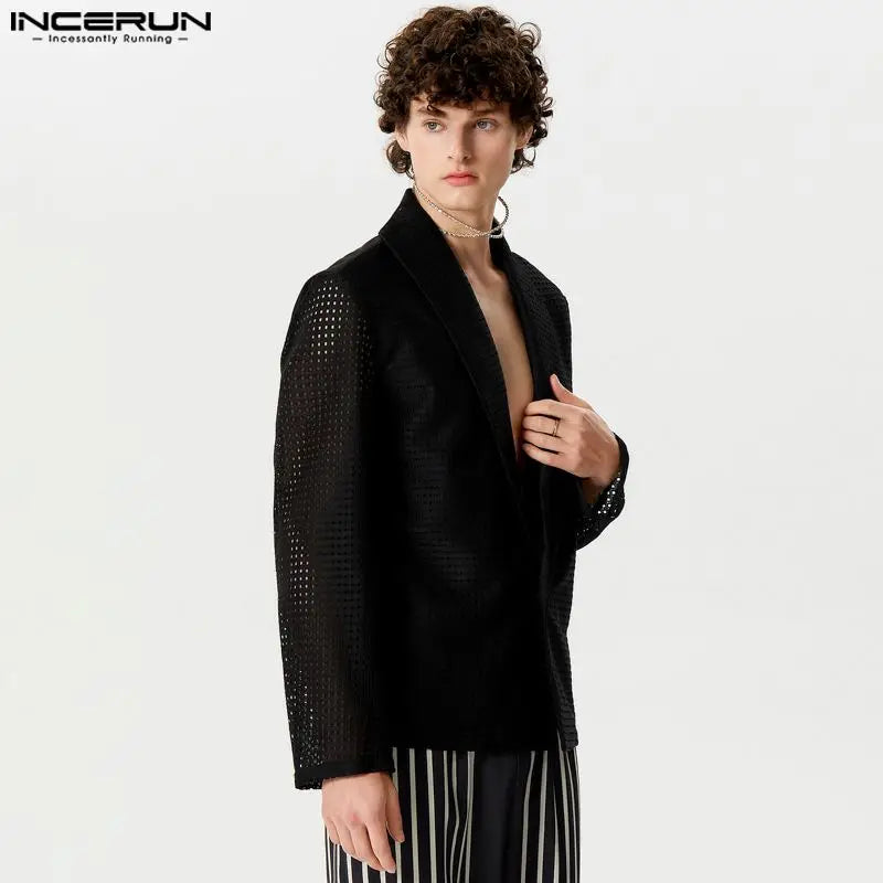 INCERUN Tops 2024 American Style Handsome Mens Hollow Mesh Solid Blazer Casual Streetwear Hot Sale Long Sleeved Suit Coats S-5XL