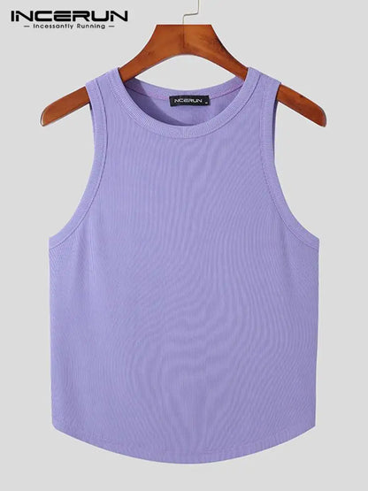 Men Tank Tops Round Neck Sleeveless 2023 Solid Color Summer Casual Vests Fitness Streetwear Fashion Men Clothing S-5XL INCERUN