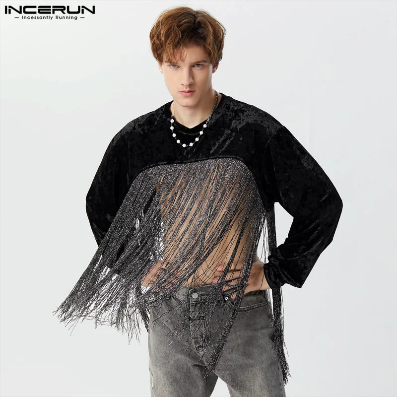 Stylish Casual Style Tops INCERUN Men's Cropped Suede Patchwork Long Tassel T-shirts Sexy Male Long Sleeved Camiseta S-5XL 2024