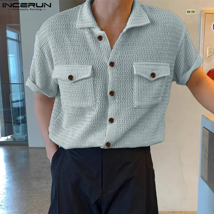 Stylish Streetwear Style Tops INCERUN Men's Mesh Hollow Double Pocket Design Shirts Casual Solid Short Sleeved Blouse S-5XL 2024