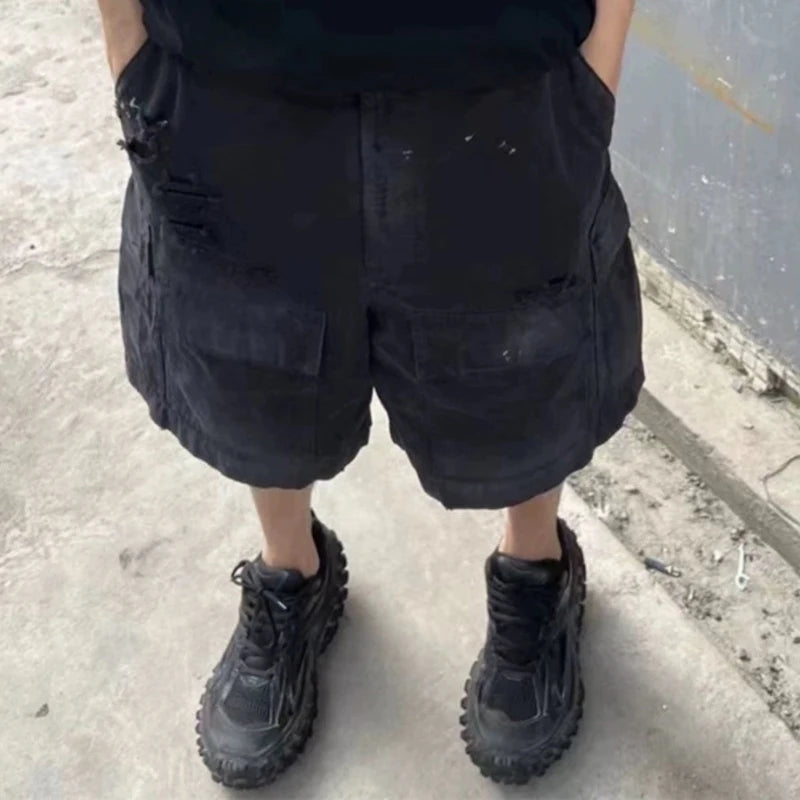 Vintage Ripped Damaged Black Cargo Shorts for Men High Street Wide Leg Baggy Overalls Distressed Summer Knee Length Pants