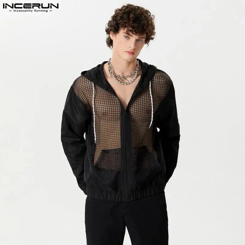 2024 Men Shirt Mesh Patchwork Transparent Hooded V Neck Zipper Long Sleeve Men Clothing Streetwear Loose Fashion Shirts INCERUN