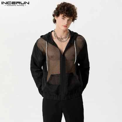 2024 männer Hemd Mesh Patchwork Transparent Mit Kapuze V Neck Zipper Langarm Männer Kleidung Streetwear Lose Mode Shirts INCERUN