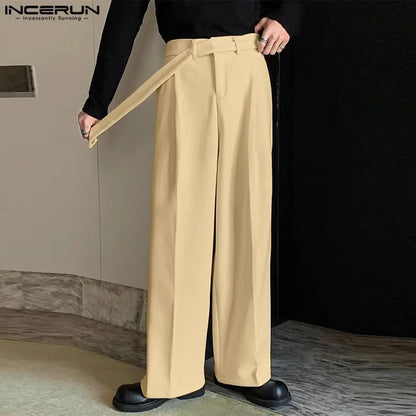 INCERUN 2024 Korean Style Pantalons New Men Matching Belt Design Straight Leg Trousers Casual Streetwerar Solid Long Pants S-5XL