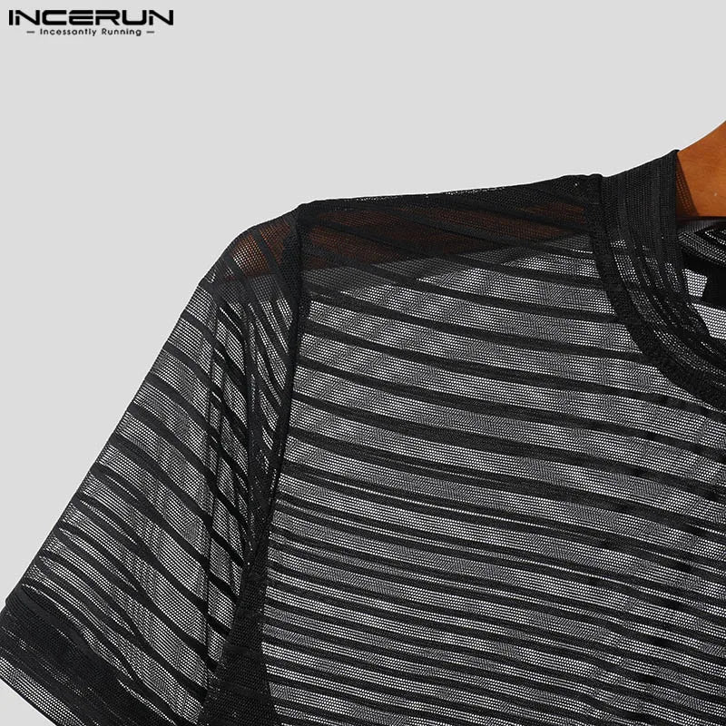 INCERUN Summer Short Sleeve Men T-Shirts Round Neck Short Sleeve Mesh Striped T Shirts Chemise Oversize Men Clothing S-5XL