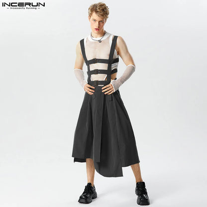 INCERUN 2023 Amerikanischen Stil Herren Plissee Design Röcke Hosen Casual Street Unregelmäßigen Saum Solide Riemen Halb Rock Overalls S-5XL