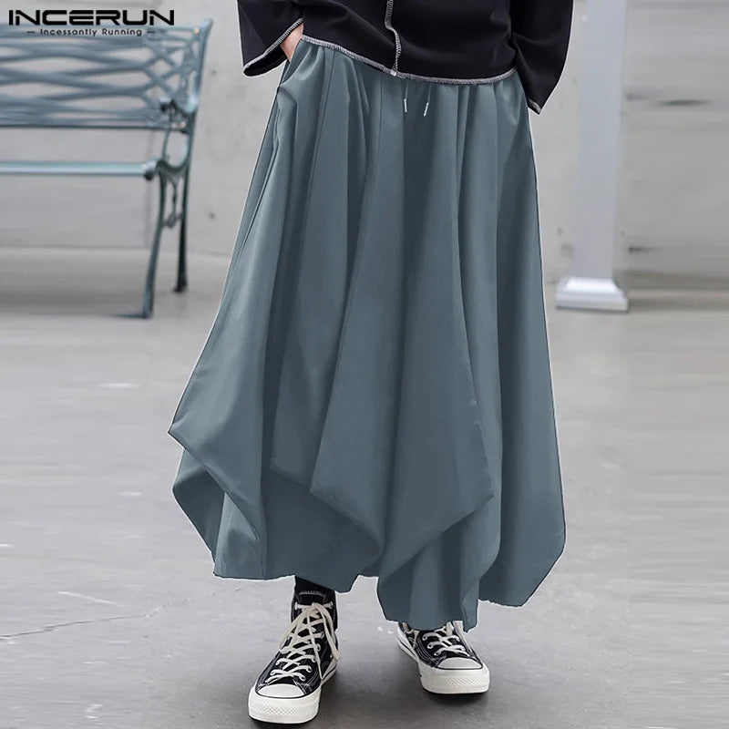 INCERUN 2024 Korean Style Pantalons Men's Wide Leg Hem Design Long Pants Fashionable Streetwear Male Solid Loose Trousers S-5XL