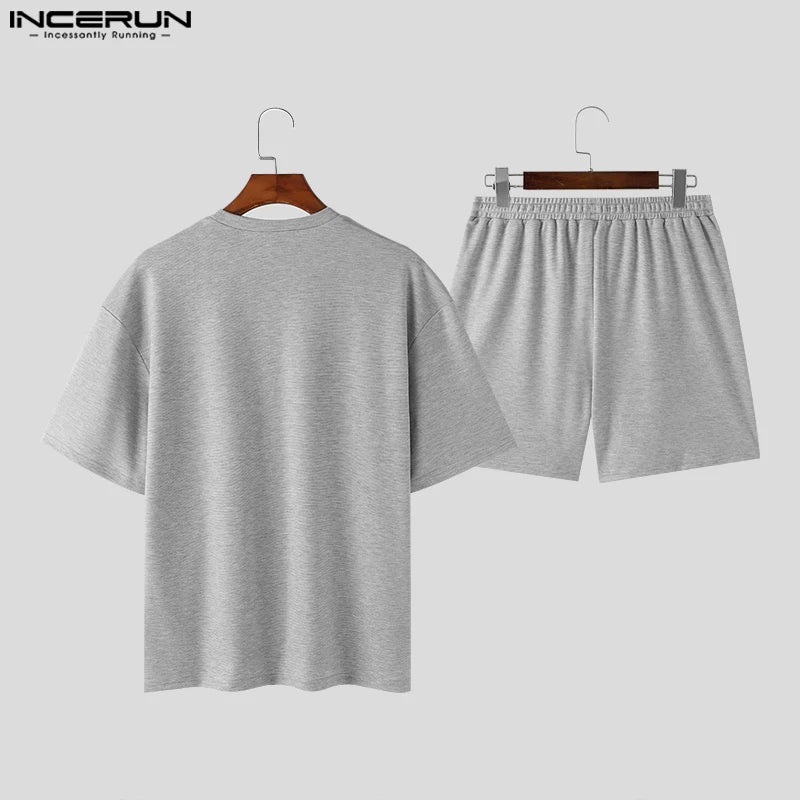 INCERUN 2024 Korean Style Sets Stylish New Men Solid O-neck Short Sleeved Tops Shorts Casual Streetwear Male Suit 2 Pieces S-5XL