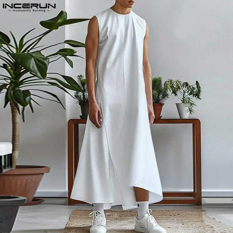 INCERUN 2024 Sommer Muslimische Robe Neue Männer Jubba Thobe Einfacher unregelmäßiger Saum Lange Ärmellose Stilvolle Isiamische Arabische Feste Robe S-5XL