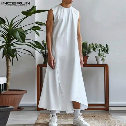 INCERUN 2024 Été Musulman Robe Nouveau Hommes Jubba Thobe Simple Ourlet Irrégulier Longue Sans Manches Élégant Isiamic Arabe Solide Robe S-5XL