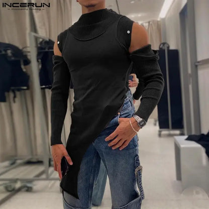 INCERUN Men Irregular T Shirts Patchwork Long Sleeve Off Shoulder Patchwork Turtleneck Men Clothing Streetwear 2023 Camisetas