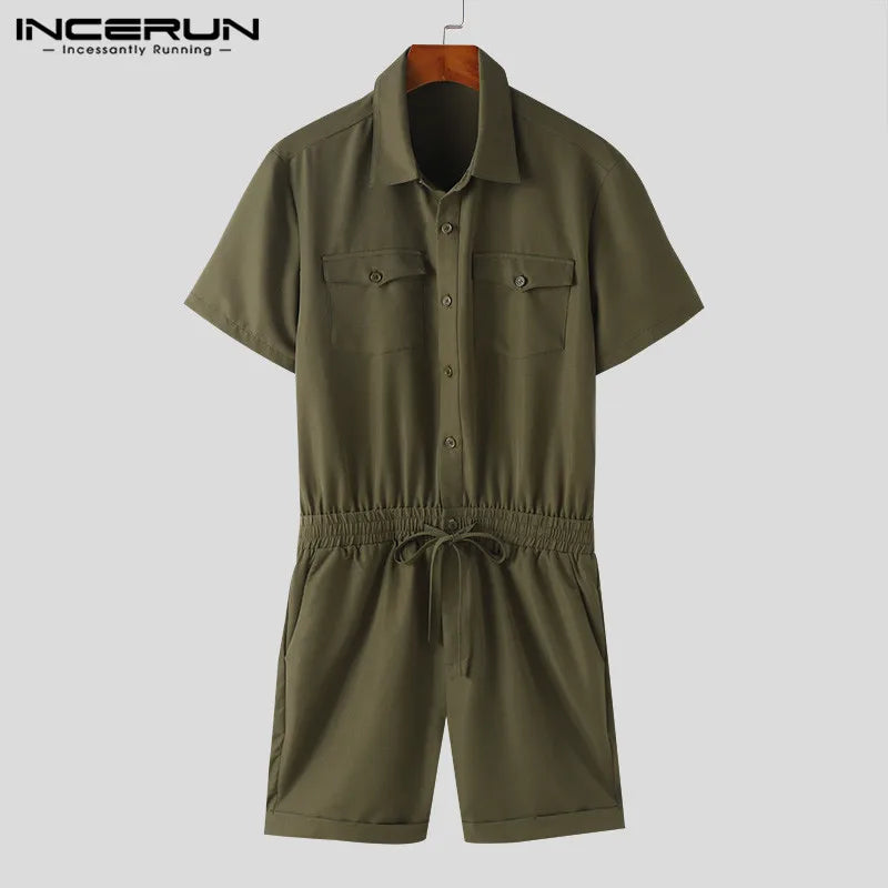 INCERUN 2024 American Style New Men's Fashion Casual Jumpsuits Shorts Personalized Male Short Sleeved Solid Cargo Rompers S-5XL