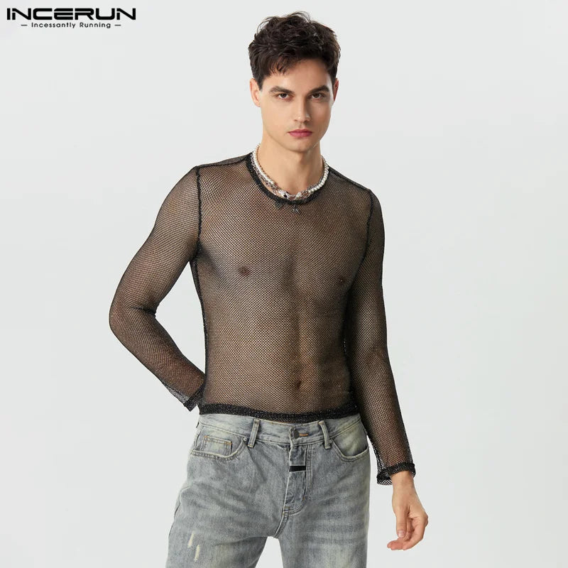 INCERUN Tops 2023 Style américain Nouveaux hommes Glitter Mesh Perspective Camiseta Sexy Homme Vente chaude à manches longues T-shirts fins S-5XL