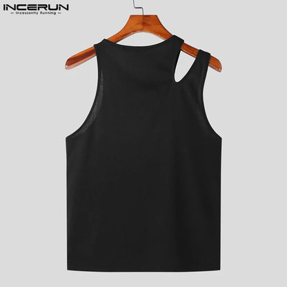 INCERUN Tops 2023 American Style New Men's Irregular Hollow Solid Tight Knit Tank Tops Casual Simple Male Sleeveless Vests S-5XL