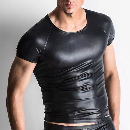 Men Stretch Faux Leather Short Sleeve Top T-Shirt PU Wet-Look Slim Bar Stage Performance Tee Slim Male Top T Shirts