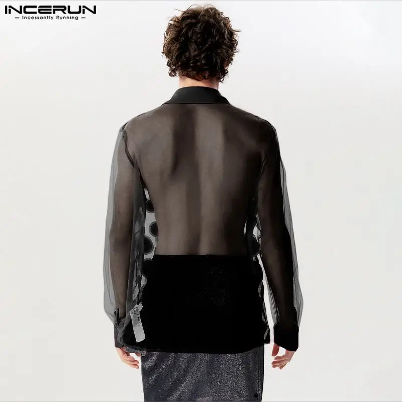 2024 Men's Shirt Patchwork Lapel Long Sleeve Mesh Transparent Men Clothing Streetwear Sexy Fashion Party Camisas S-5XL INCERUN