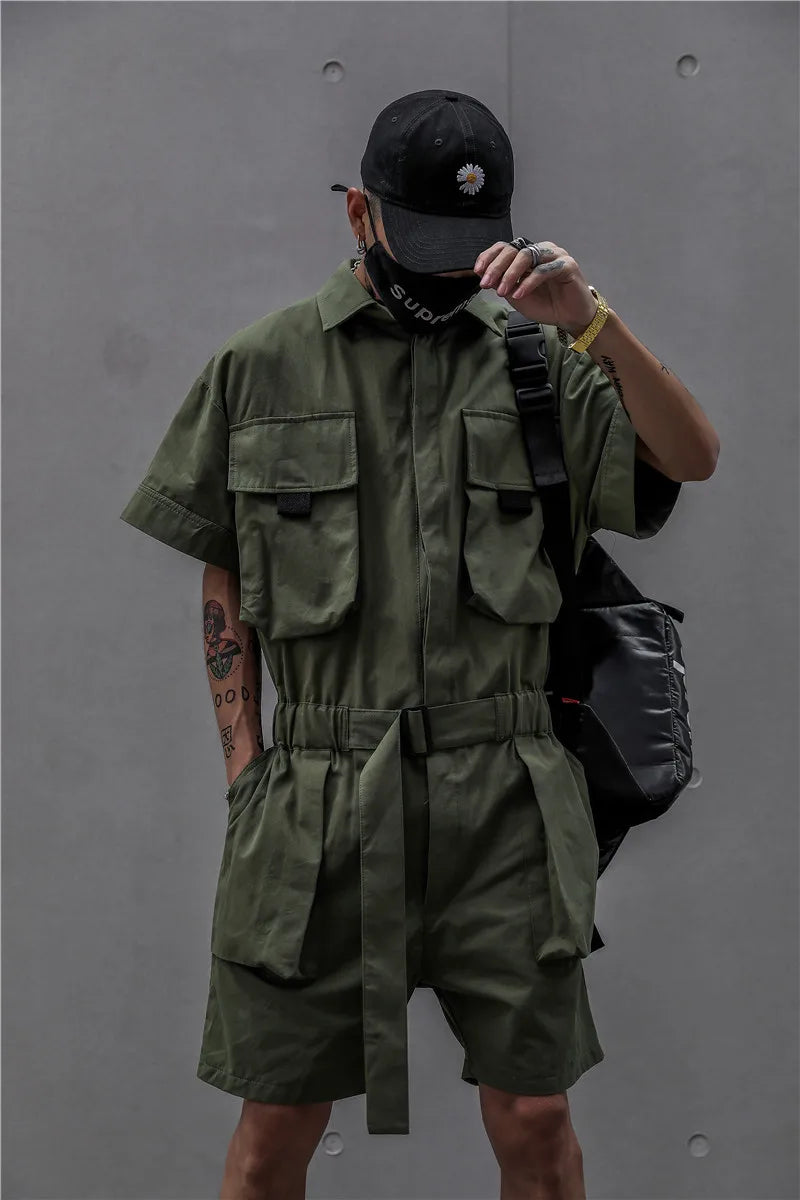 Combinaison courte HOUZHOU Techwear pour hommes Combinaison noire Salopette homme Vert Homme Japonais Streetwear Été Poches Hip Hop